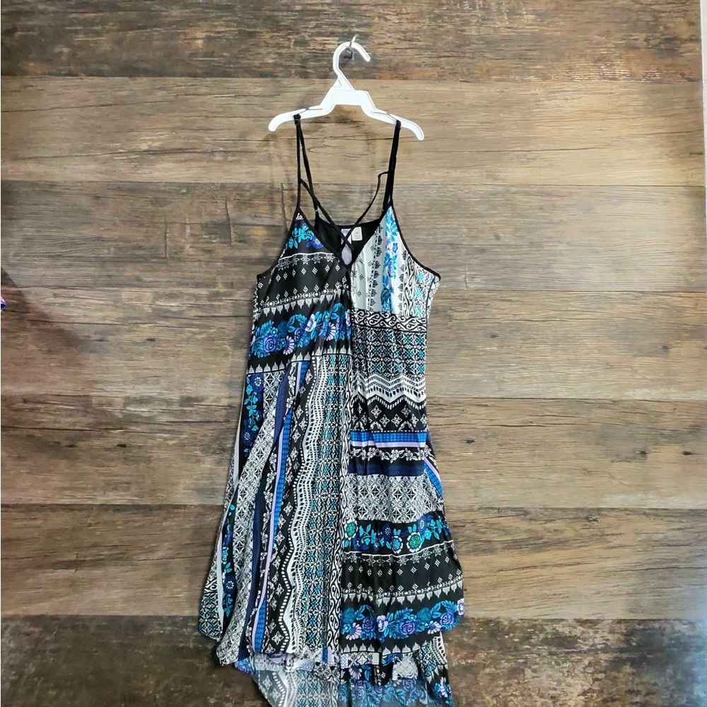 Alya Blue and Black Patterned High Low‎ Dress